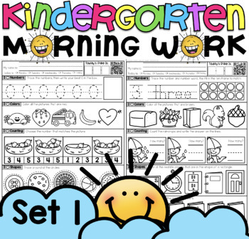 Preview of Math Morning Work for Kindergarten Set One with counting, shapes, time & more!