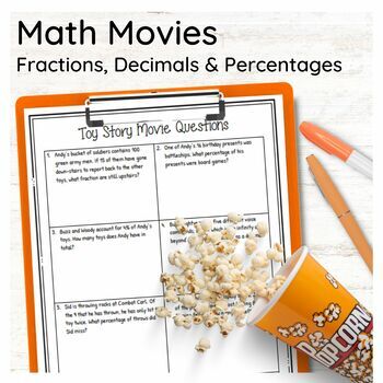 Preview of Math Movie Worksheet for Toy Story (Fractions, Decimals and Percentages)