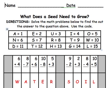 Preview of Math Mystery Message What Does a Seed Need to Grow?