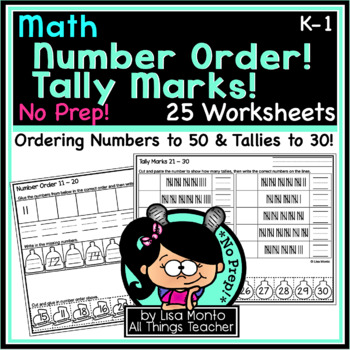 Preview of Math | NUMBER ORDER (1 - 50) & Tally Marks (1 - 30) | NO PREP Worksheets K - 1st