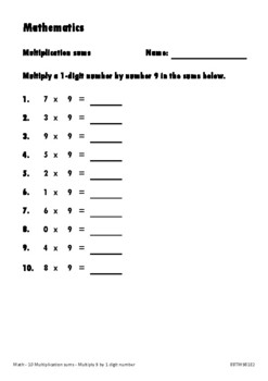 Preview of Math - Nine times (9x) a 1-digit number - BBTM9B1E2 - 10 sums (1 page) 
