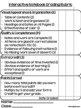 sheet 7 grading grade Subjects) Notebook (All Rubric Interactive  Grading  TpT