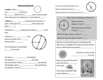 Preview of Math Notebook Notes: Parts of a Circle