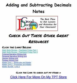 Preview of Math Notes - Adding and Subtracting Decimals