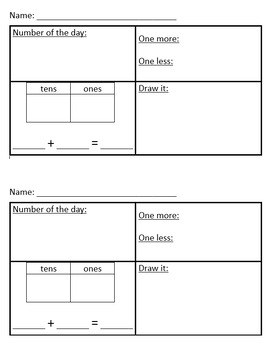 Preview of Math Number of the Day Worksheet Warmup (1 more, 1 less, place value) Printable