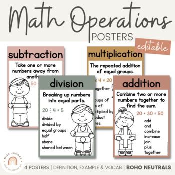 Preview of Math Operation Posters | BOHO NEUTRAL Palette | Editable Neutral Classroom Decor