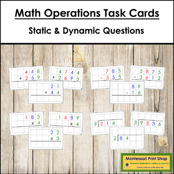 Preview of Math Operations Command Cards Bundle (color-coded) - Montessori Task Cards