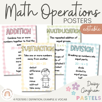 Preview of Math Operations Posters | Daisy Gingham Pastels Math Classroom Decor