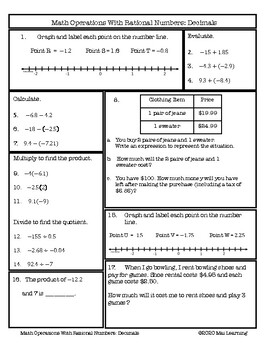 Operations With Rational Numbers: Decimals (Review Worksheet) by Mai