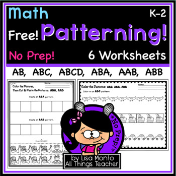 Preview of Math | PATTERNING (free!) | NO PREP Worksheets | Kindergarten, 1st, 2nd