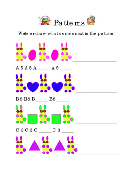 Preview of Math Patterns Spring Easter Shapes Numbers Alphabet Write Draw Next Pattern 1pg