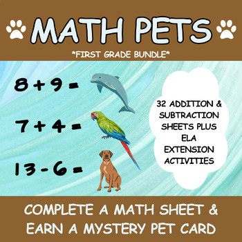 Preview of Math Pets Addition and Subtraction Pages plus ELA Extension 1st Grade- BUNDLE