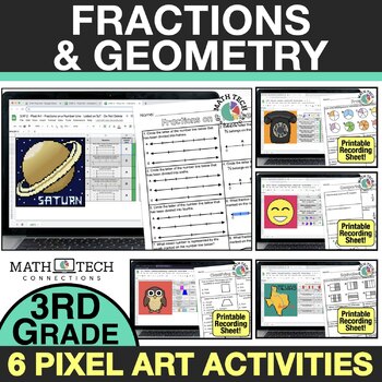 Preview of Digital Math Pixel Art 3rd Grade Math Mystery Picture Fractions & Geometry