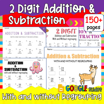 Preview of Math Place Value, 2 Digit Addition & Subtraction W/ Without Regrouping, No Prep