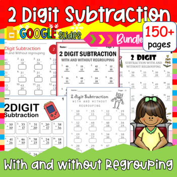 Preview of Math Place Value, 2 Digit Subtraction With And Without Regrouping, No Prep