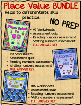 Preview of Math - Place Value - Numbers to 99, 999, 9999 Worksheets BUNDLE - NO PREP