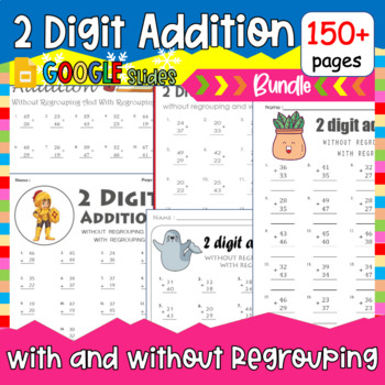 Preview of Math Place Value, Two Digit Addition With And Without Regrouping, No Prep Bundle