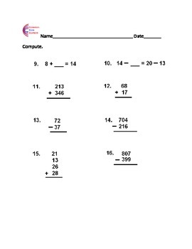 Preview of Math Computation Placement Grade Equivalence Common Core Assessment Grades K-7