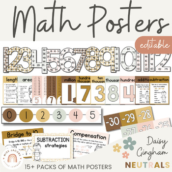 Preview of Math Posters Bundle | Daisy Gingham Neutrals Classroom Decor | Editable