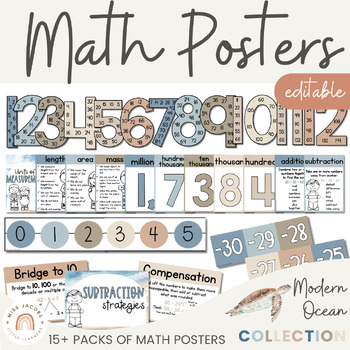 Preview of Math Posters Bundle | Neutral Modern Ocean Classroom Decor | Editable