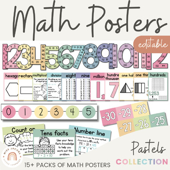 Preview of Math Posters Bundle | SPOTTY PASTELS | Muted Rainbow Classroom Decor