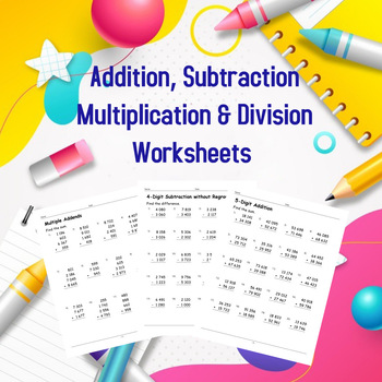 Preview of Math Practice Problems, Multi-Digit Multiplication, Addition& Subtraction BUNDLE