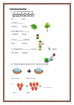 Preview of Math Practice Questions ( Addition, Subtraction, Shapes & Story Sums)