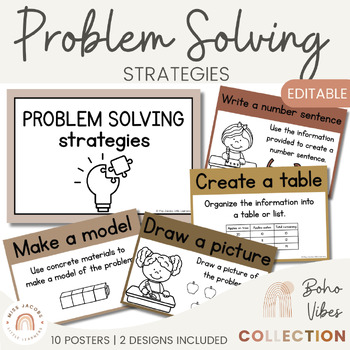 Preview of Math Problem Solving Strategies Posters | Boho Vibes Classroom Decor  | CUBES