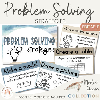 Preview of Math Problem Solving Strategies Posters | Modern Ocean Classroom Decor | CUBES