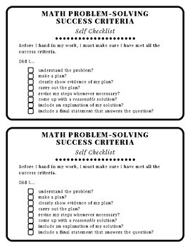 Preview of FREEBIE! Math Problem-Solving Success Criteria: Self Checklist for Students