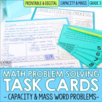 Preview of 3rd Grade Capacity & Mass Measurement Word Problem Task Cards | Digital & Print