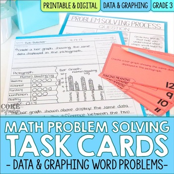 Preview of 3rd Grade Data and Graphing Math Word Problem Task Cards | Digital & Print