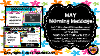 Preview of Math Problem a Day Third Grade May Editable Morning Message Solve It