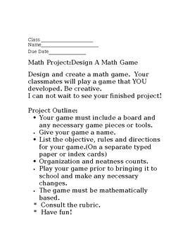 Preview of Math Project-Create a Game