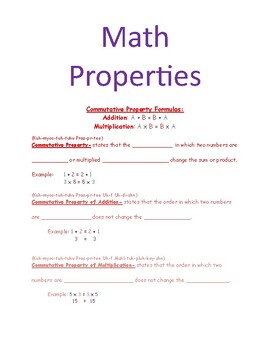 Preview of Math Properties Fill in the Blank with Answer Key