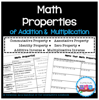 Preview of Math Properties of Addition & Multiplication Notes & Practice