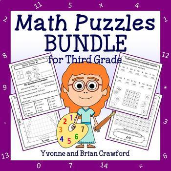 Preview of Math Puzzles Bundle | 3rd Grade | Math Facts Math Skills Review | 30% off