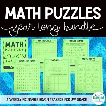 Math Puzzles for 2nd Grade BUNDLE - Math Brain Teasers, Crossword, Logic Puzzle