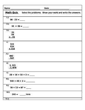 Math Quiz 3 For Grade 2 To Grade 3 Common Core By Paddicake Tpt