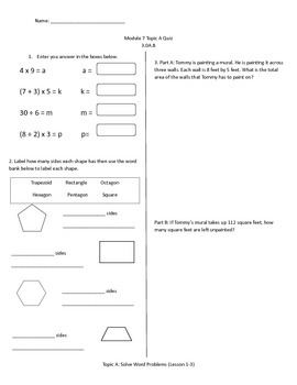 Math Quiz - 3rd Grade - Module 7 Topic A by MsJ | TpT