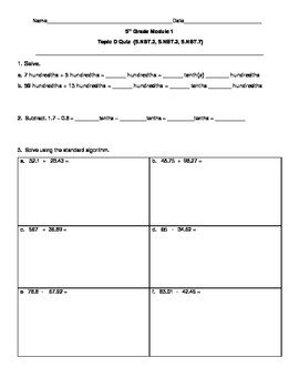 Preview of 5th Grade EngageNY/Eureka Math Module 1 Topic D Quiz/Review