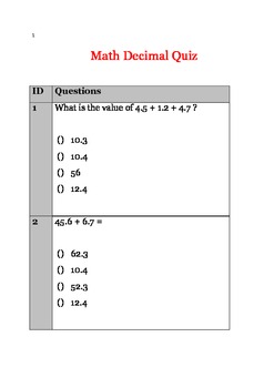 Preview of Math Quiz Bundle 1 - Addition, Division and Decimal