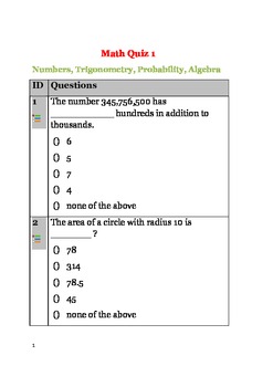 Preview of Math Quiz Bundle 4 - Quiz 1 and Quiz 2 - Word Problems,Sequences, Trigonometry