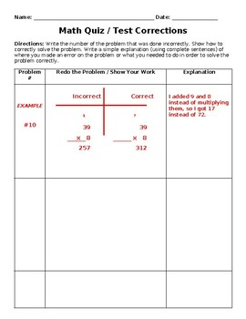 Math Quiz / Test Corrections Template EDITABLE by Hello Ms Hua TPT
