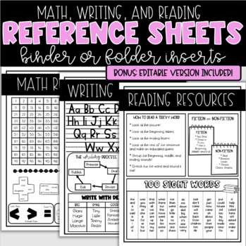 Preview of Math, Reading, and Writing Reference Sheets (Grades K-3) || Binder Inserts