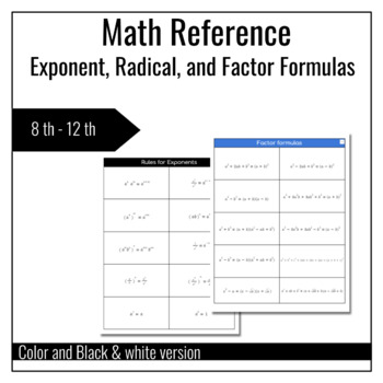 Preview of Math Reference Exponent, Radical, and Factor Formulas