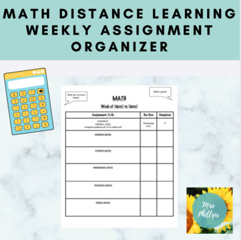 Preview of Math Distance Learning Weekly Assignment Organizer