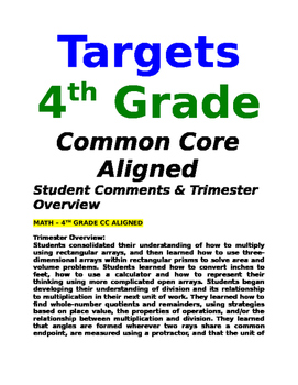 Preview of Math Report Card Comment and student goals - 4th Grade - Common Core Aligned