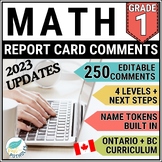 Ontario Report Card Comments Math Grade 1 - EDITABLE UPDAT