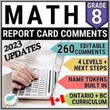 Grade 8 Ontario Report Card Comments Math UPDATED EDITABLE
